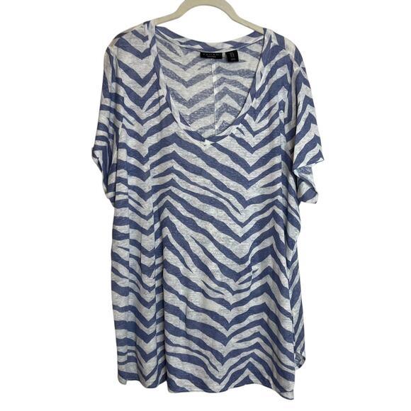 Tahari Womens Top 1X Blue Gray Zebra Stripe Print Linen Scoop Neck Short Sleeve - Picture 1 of 5